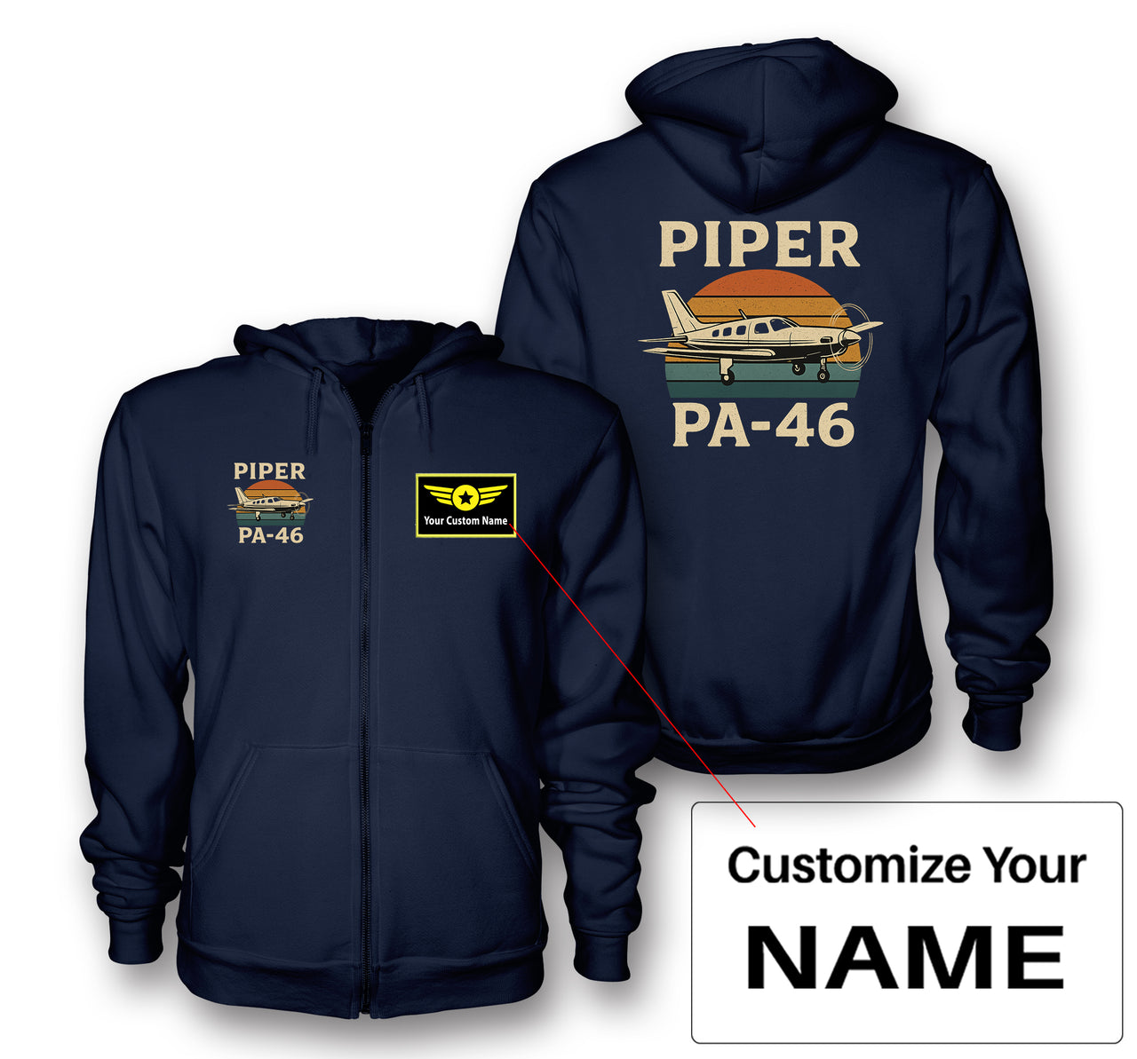 Retro Piper PA-46 Designed Zipped Hoodies