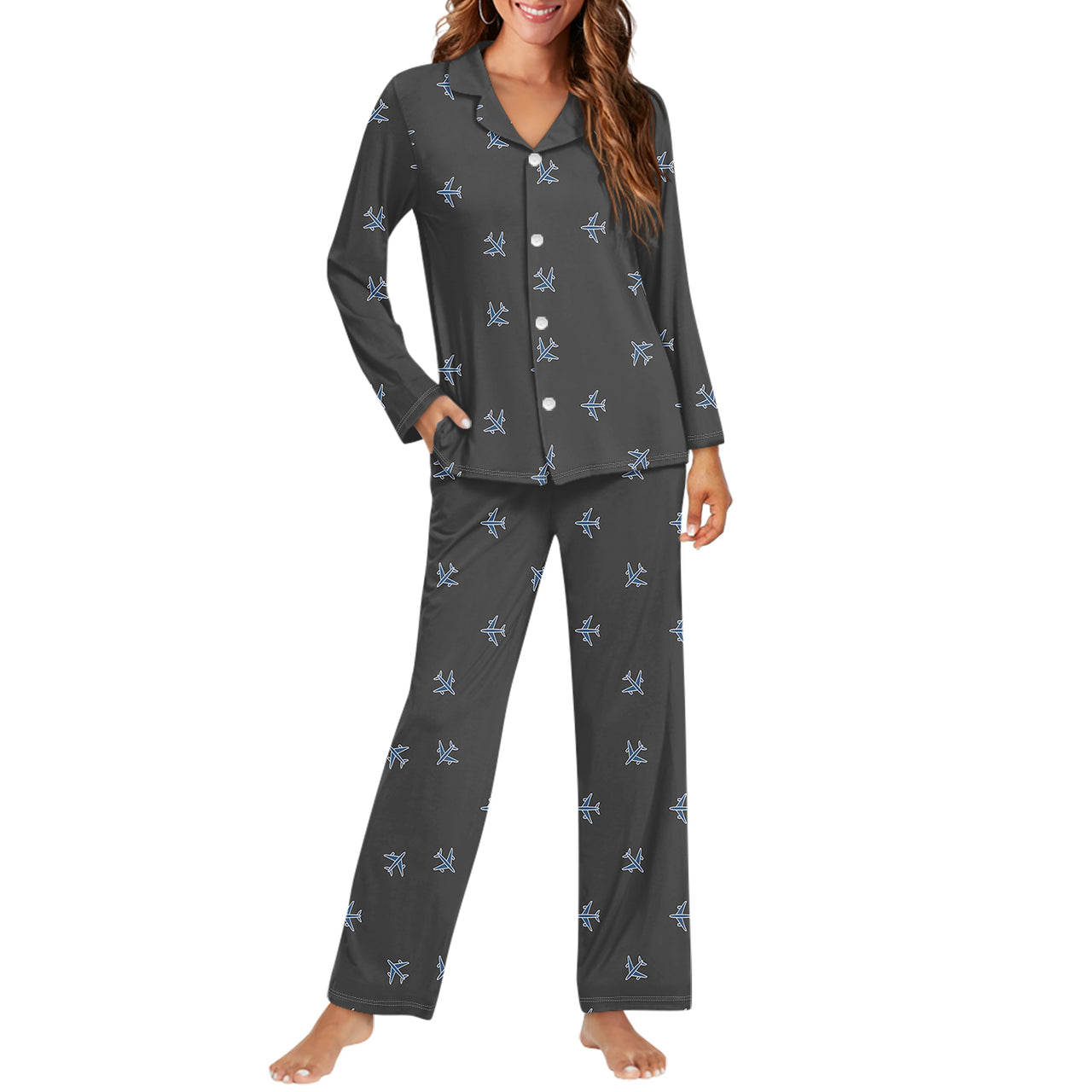 Nice Airplanes (Gray) Designed Women Button Pajamas