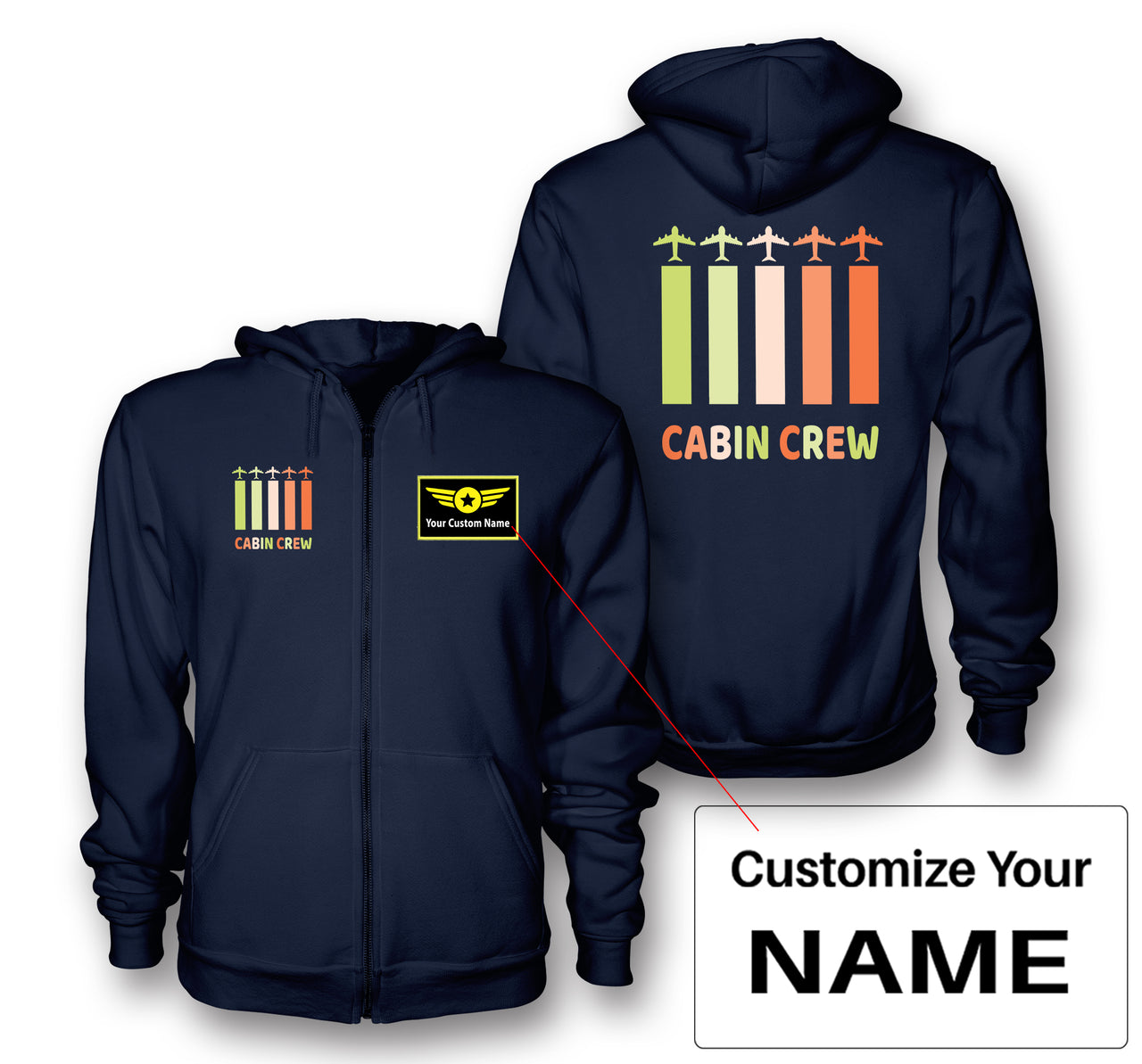 Colourful Cabin Crew Designed Zipped Hoodies