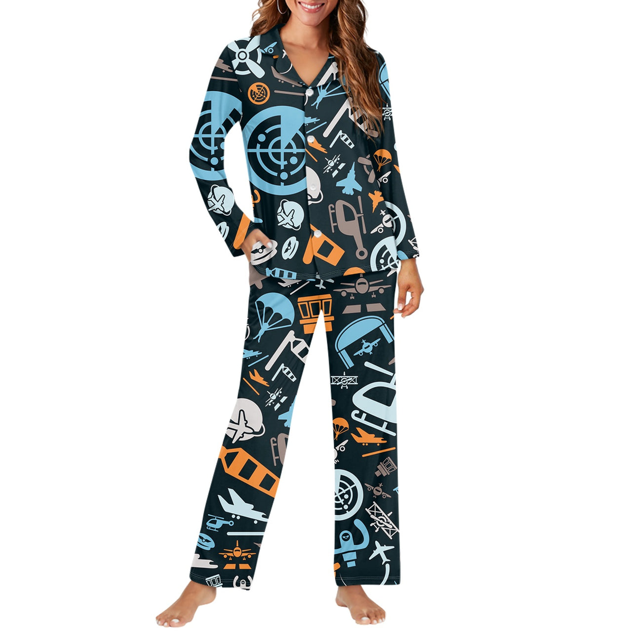 Aviation Icons Designed Women Button Pajamas
