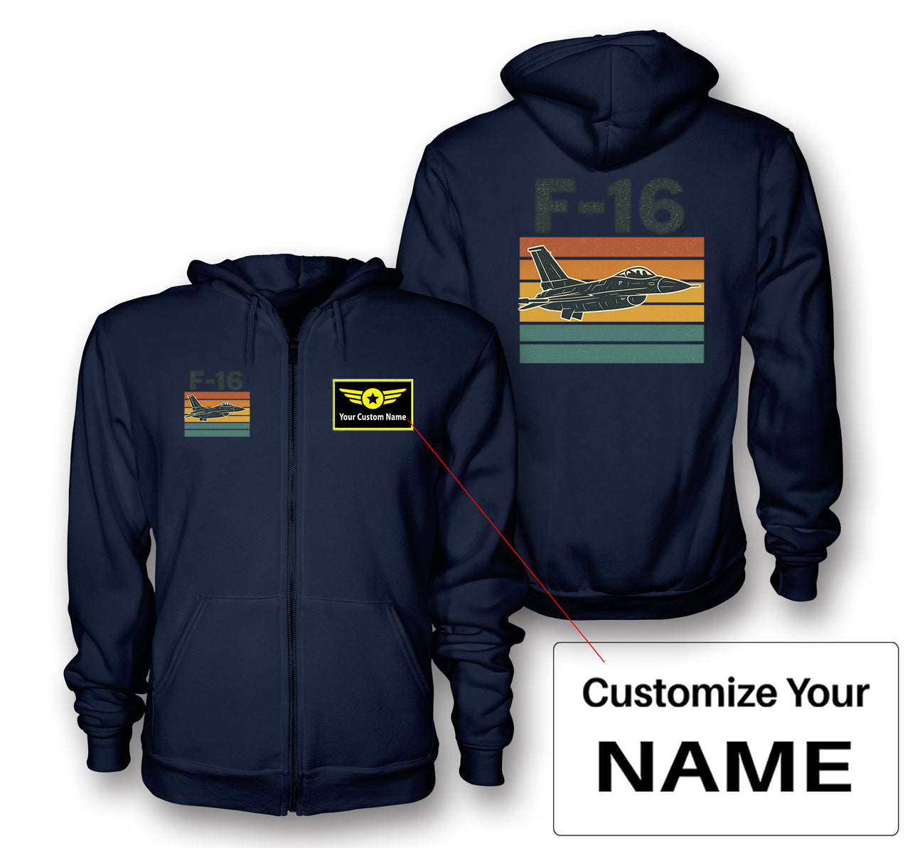 Retro Fighter Jet F16 Designed Zipped Hoodies