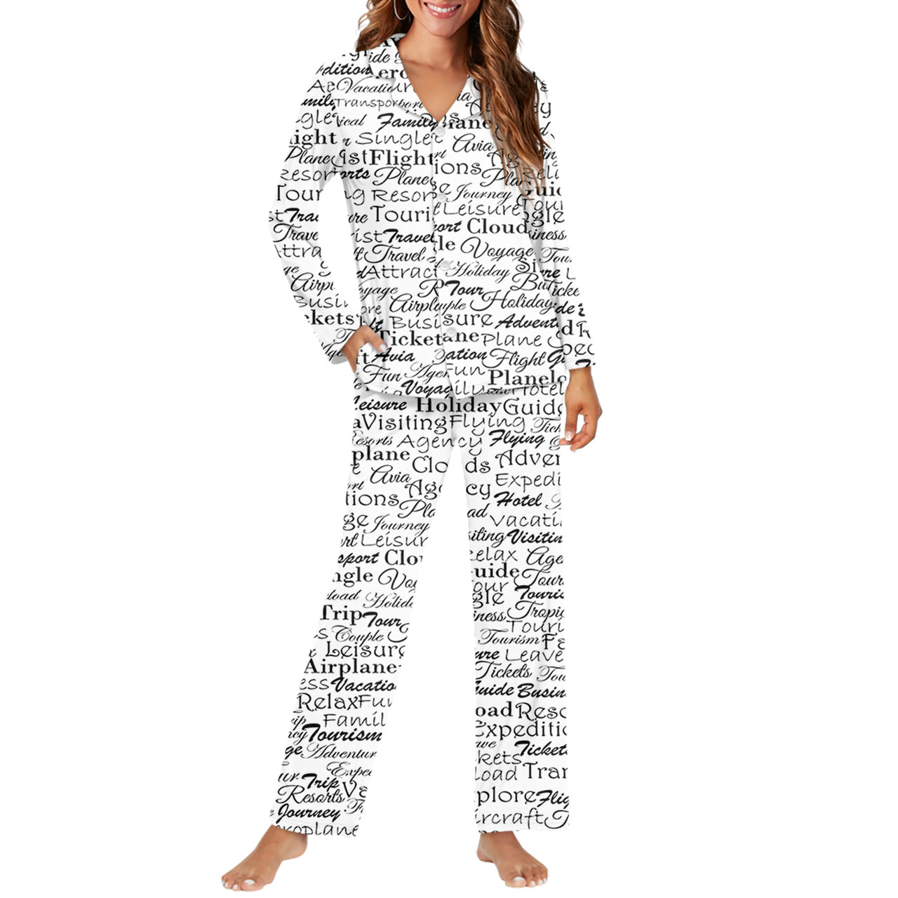 Aviation Lovers Texts Designed Women Button Pajamas