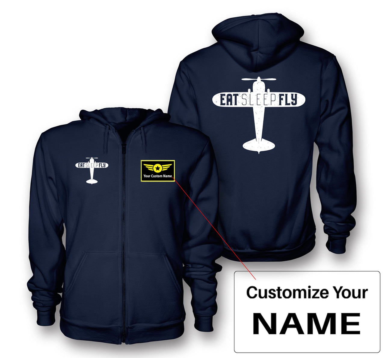 Eat Sleep Fly & Propeller Designed Zipped Hoodies