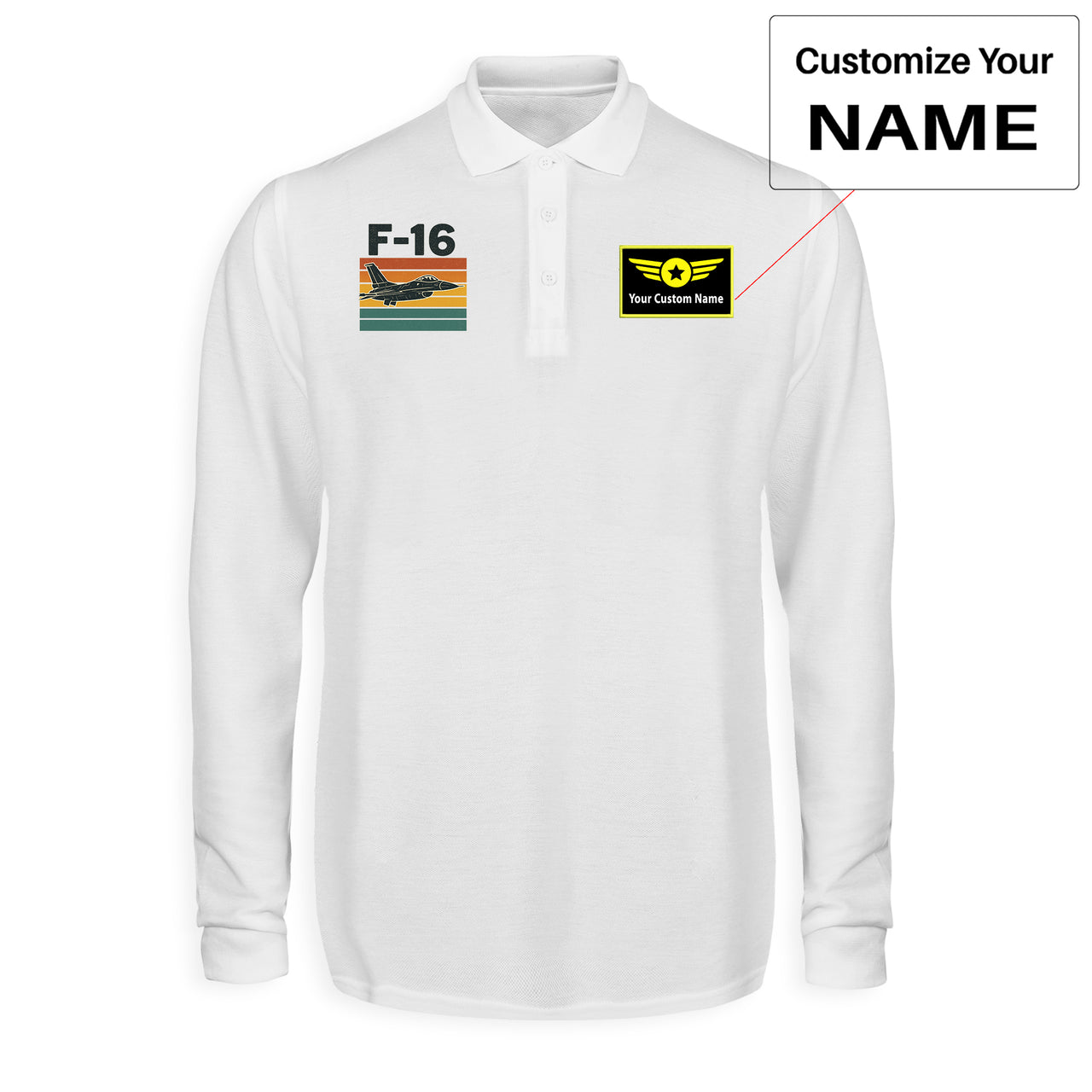 Retro Fighter Jet F16 Designed Long Sleeve Polo T-Shirts