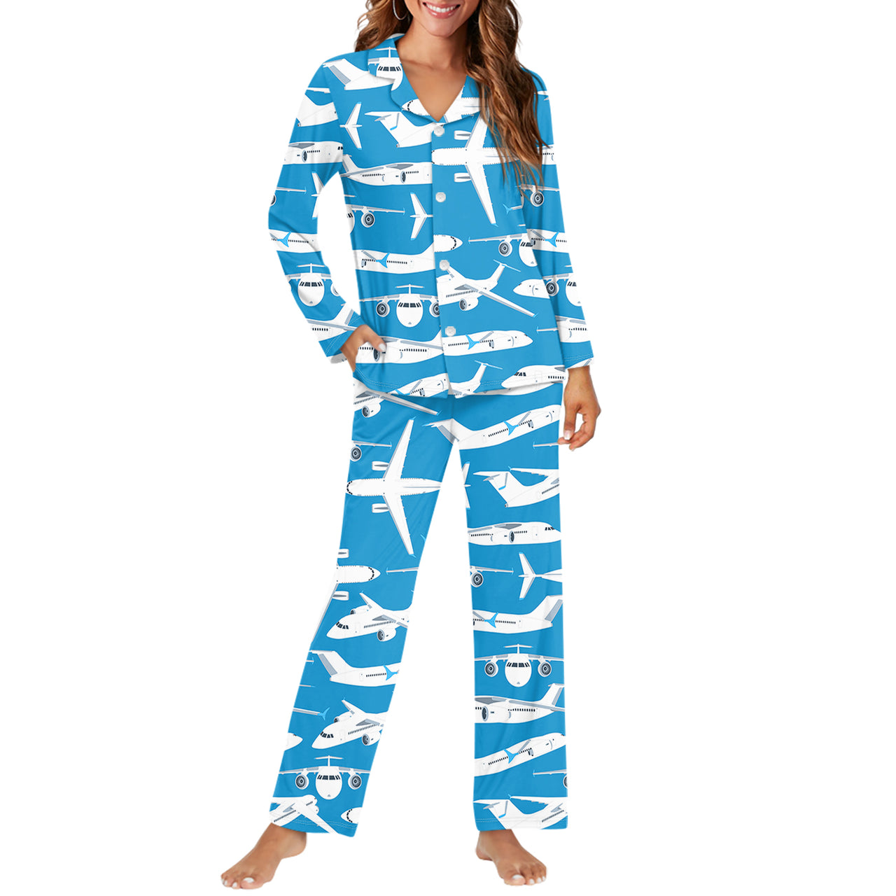 Big Airplanes Designed Women Button Pajamas
