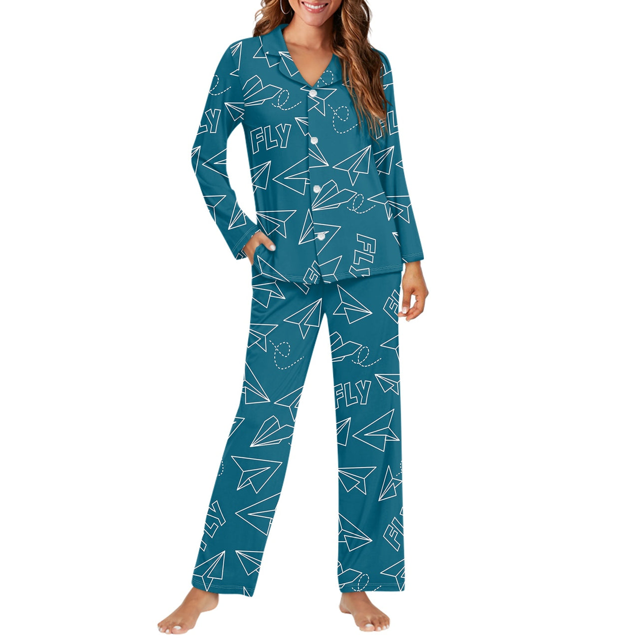 Paper Airplane & Fly Green Designed Women Button Pajamas