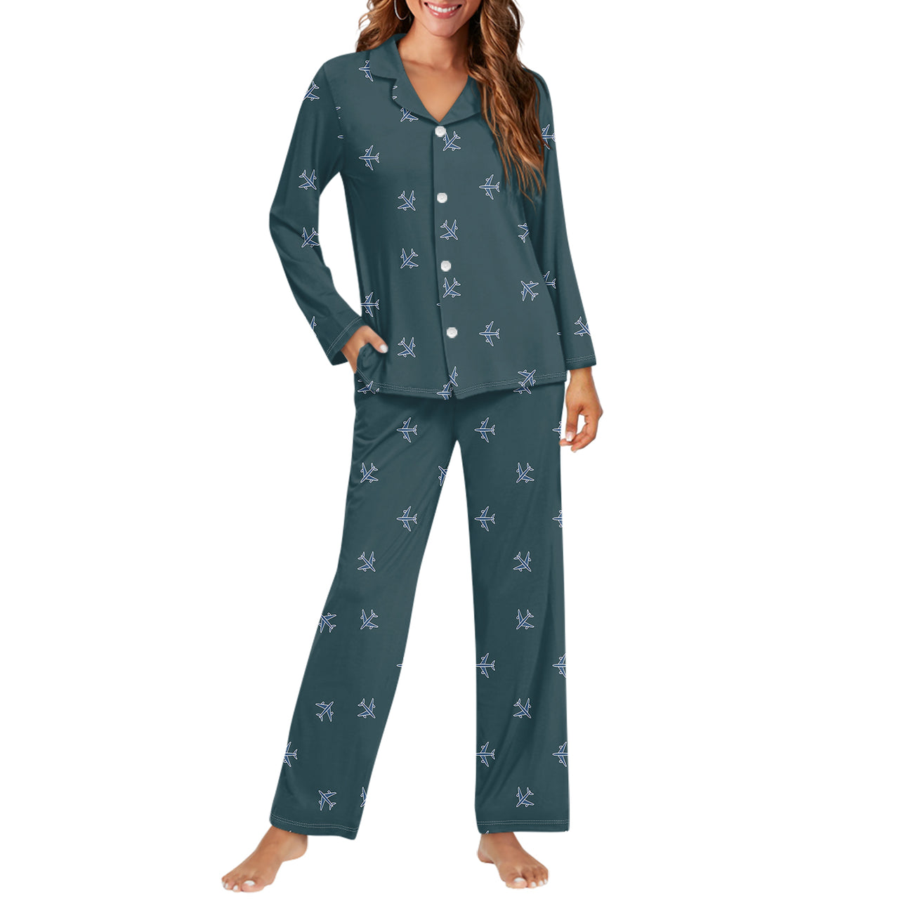 Nice Airplanes (Green) Designed Women Button Pajamas