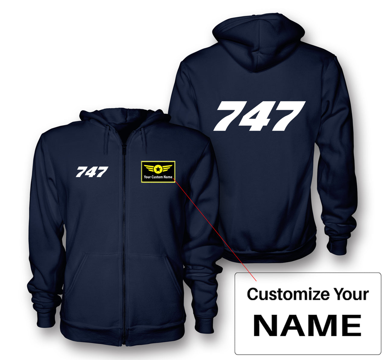 747 Flat Text Designed Zipped Hoodies