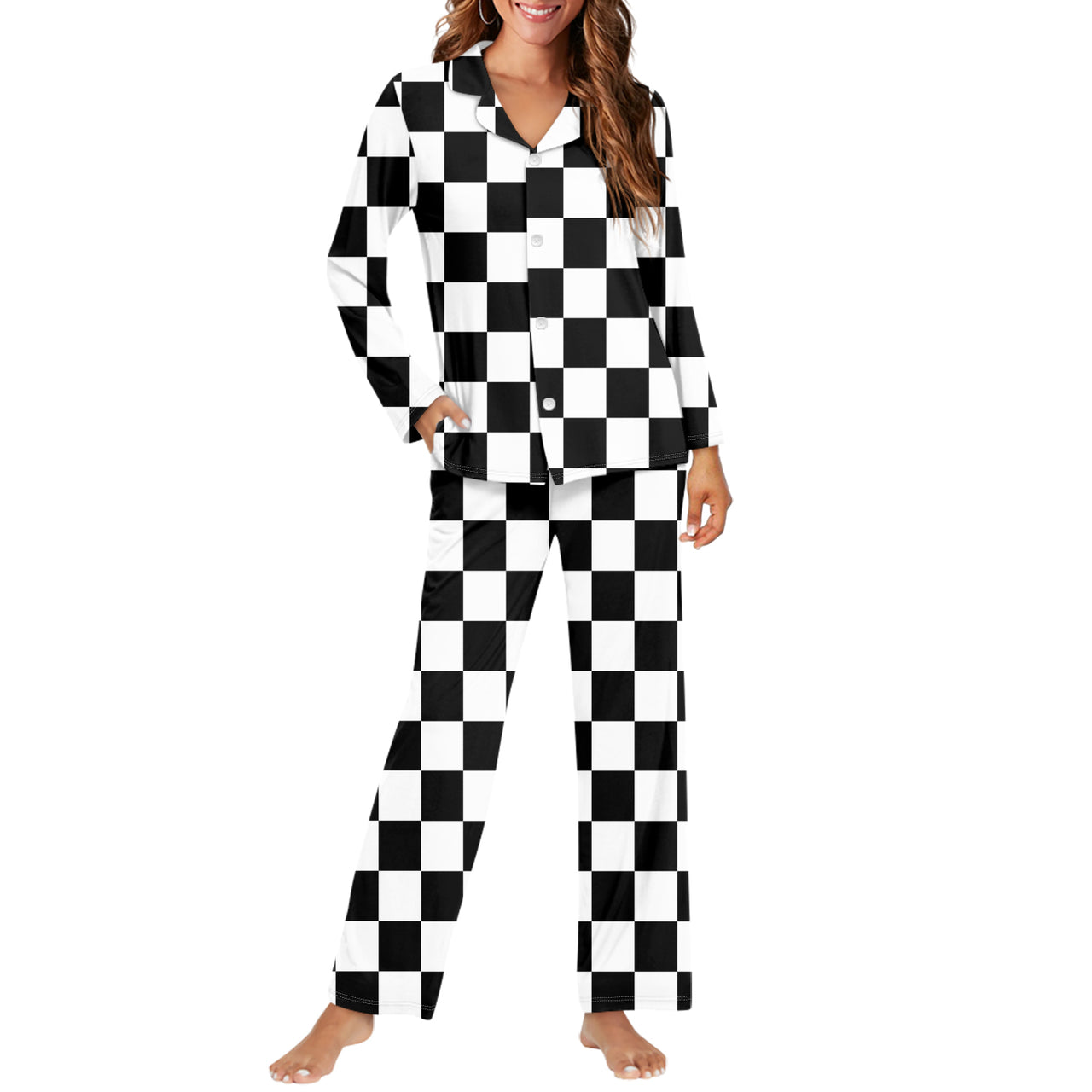 Black & White Boxes Designed Women Button Pajamas