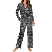 Thumbnail for Black & White Super Travel Icons Designed Women Button Pajamas