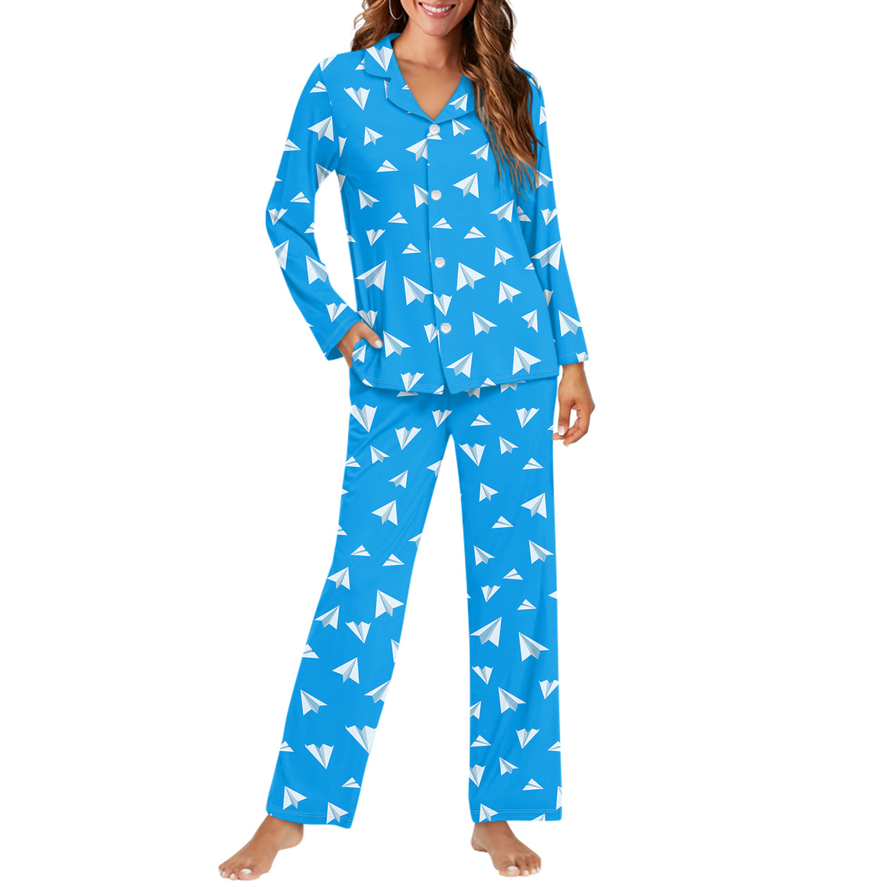 Paper Airplanes (Blue) Designed Women Button Pajamas