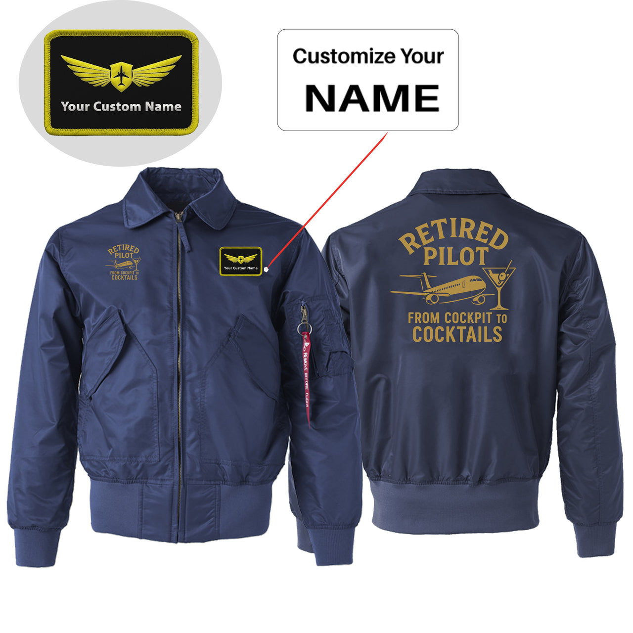 Retired Pilot & Coctails Designed Embroidered Patch Attachable Jackets