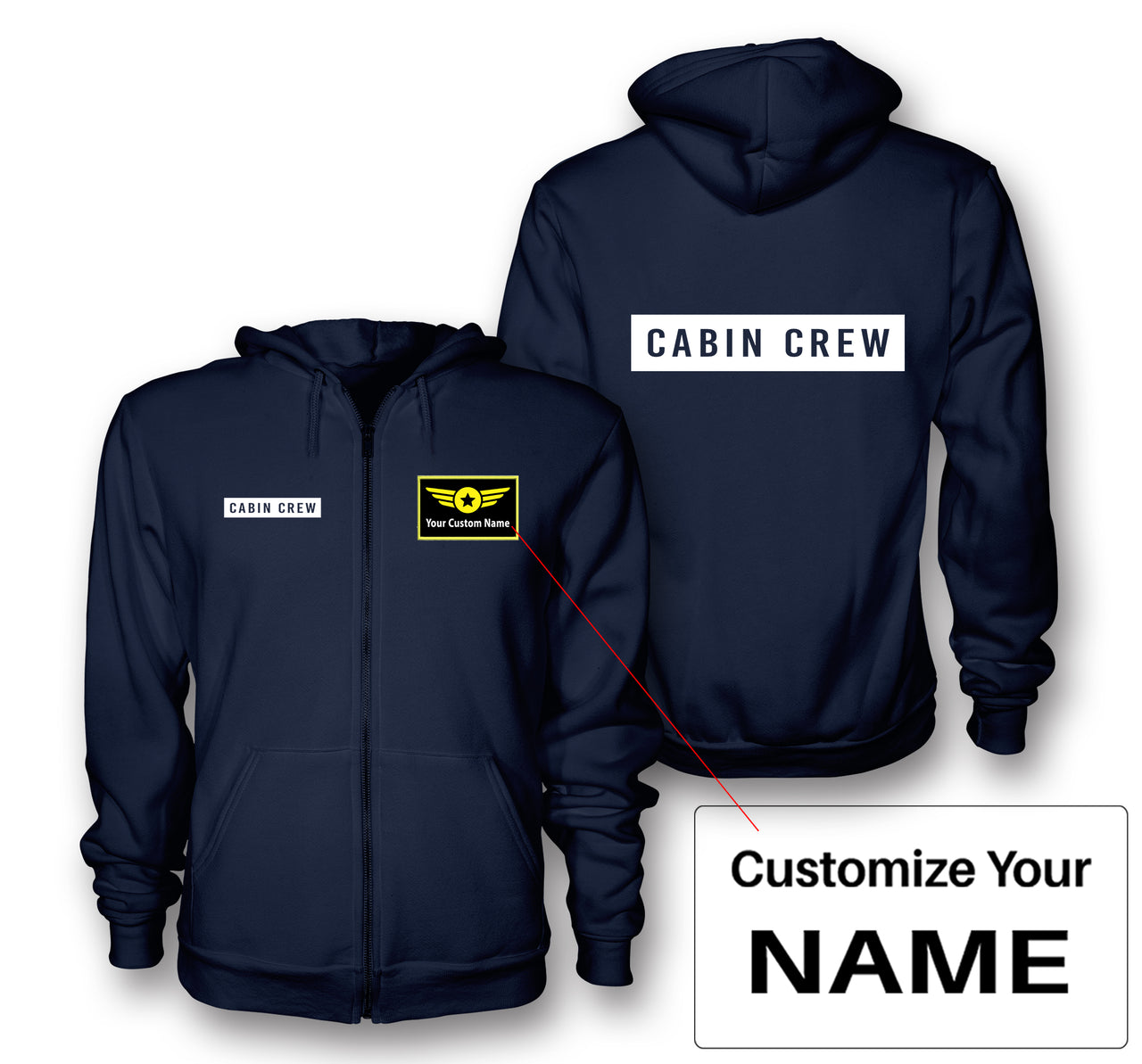 Cabin Crew Text Designed Zipped Hoodies