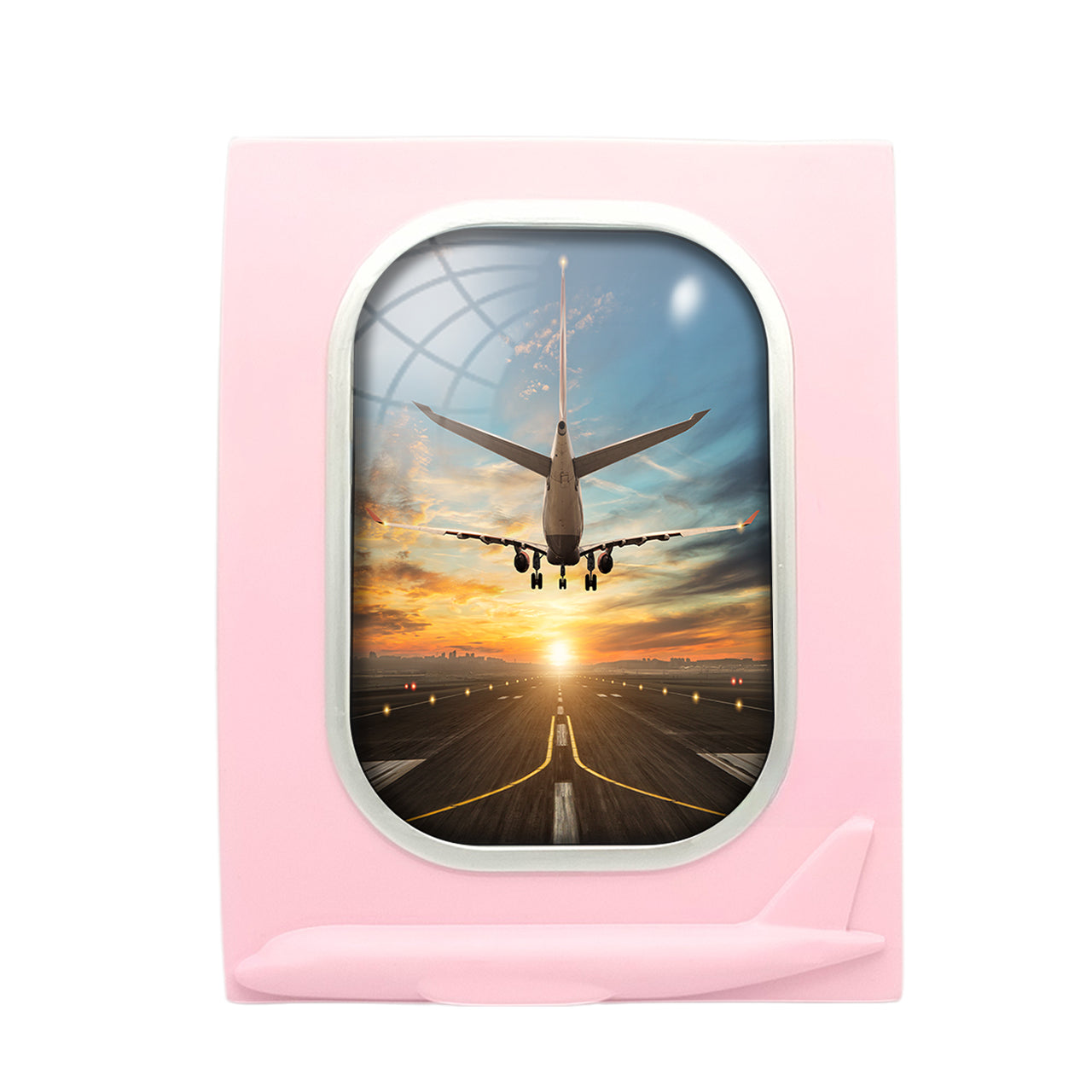 Airplane over Runway Towards the Sunrise Designed Airplane Window Photo Frame