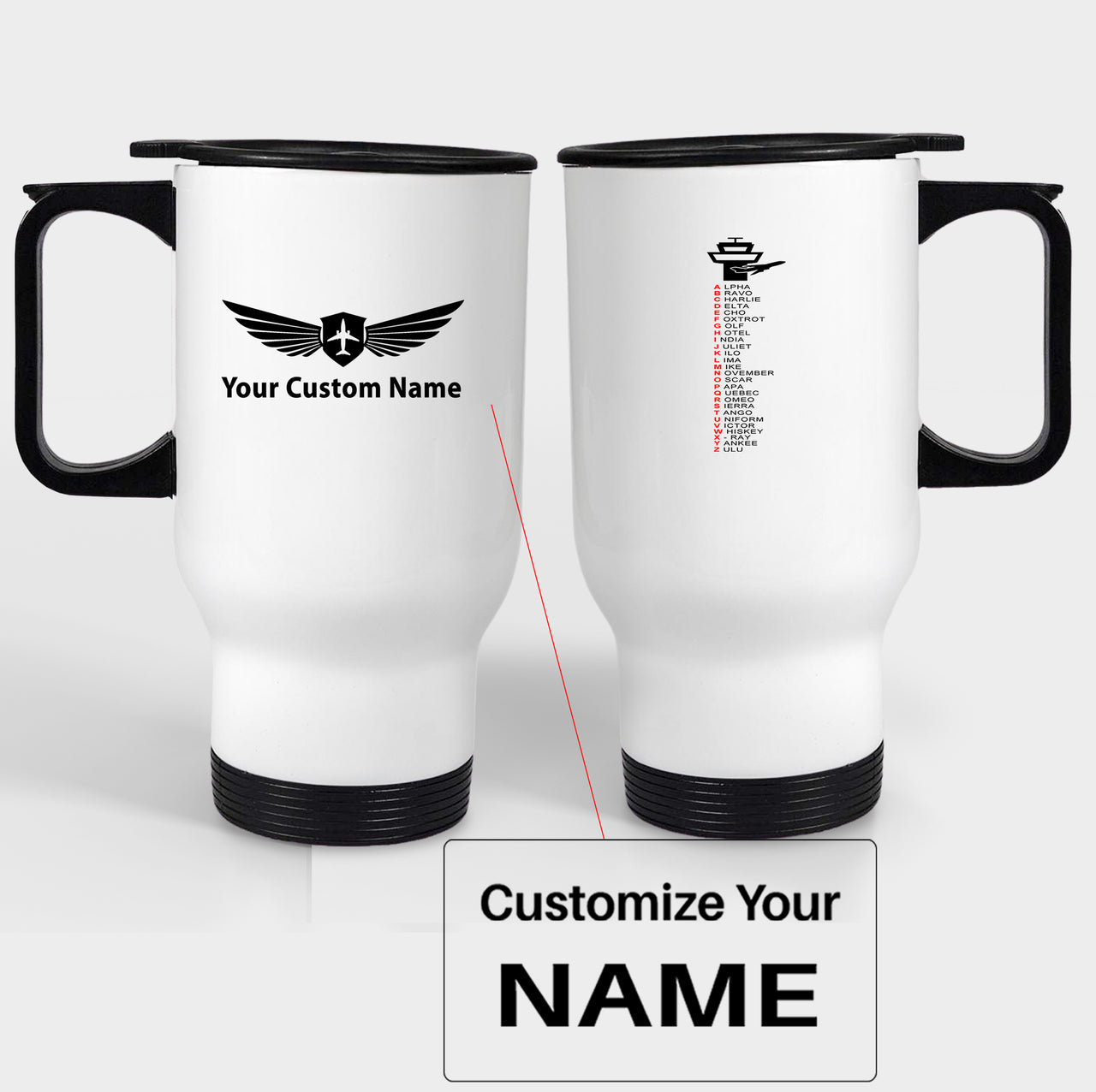 Aviation Alphabet Designed Travel Mugs (With Holder)