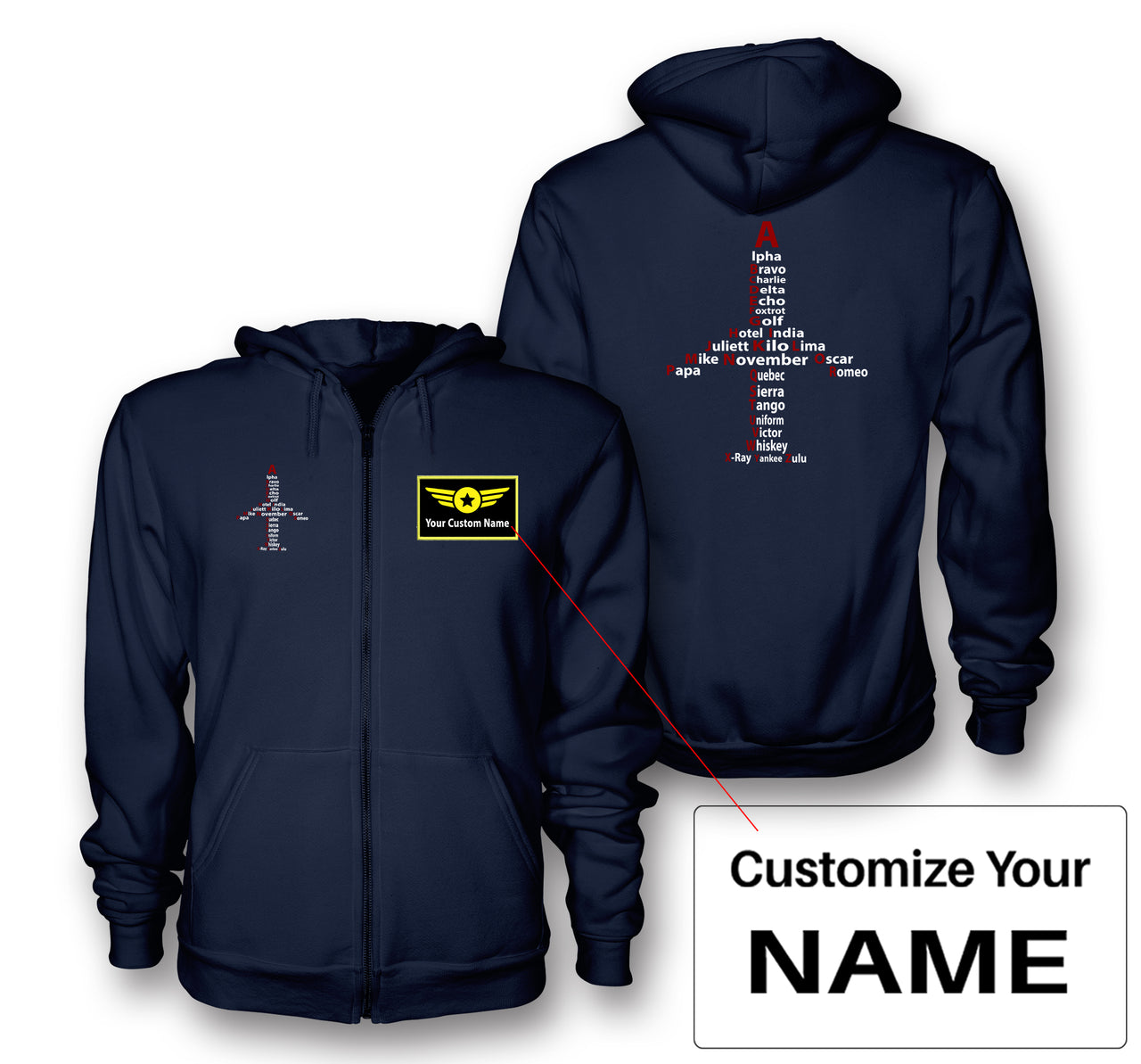 Airplane Shape Aviation Alphabet Designed Zipped Hoodies