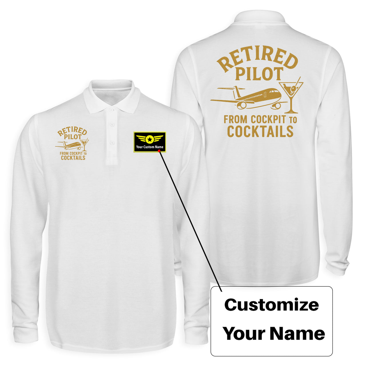 Retired Pilot & Coctails Designed Long Sleeve Polo T-Shirts (Double-Side)