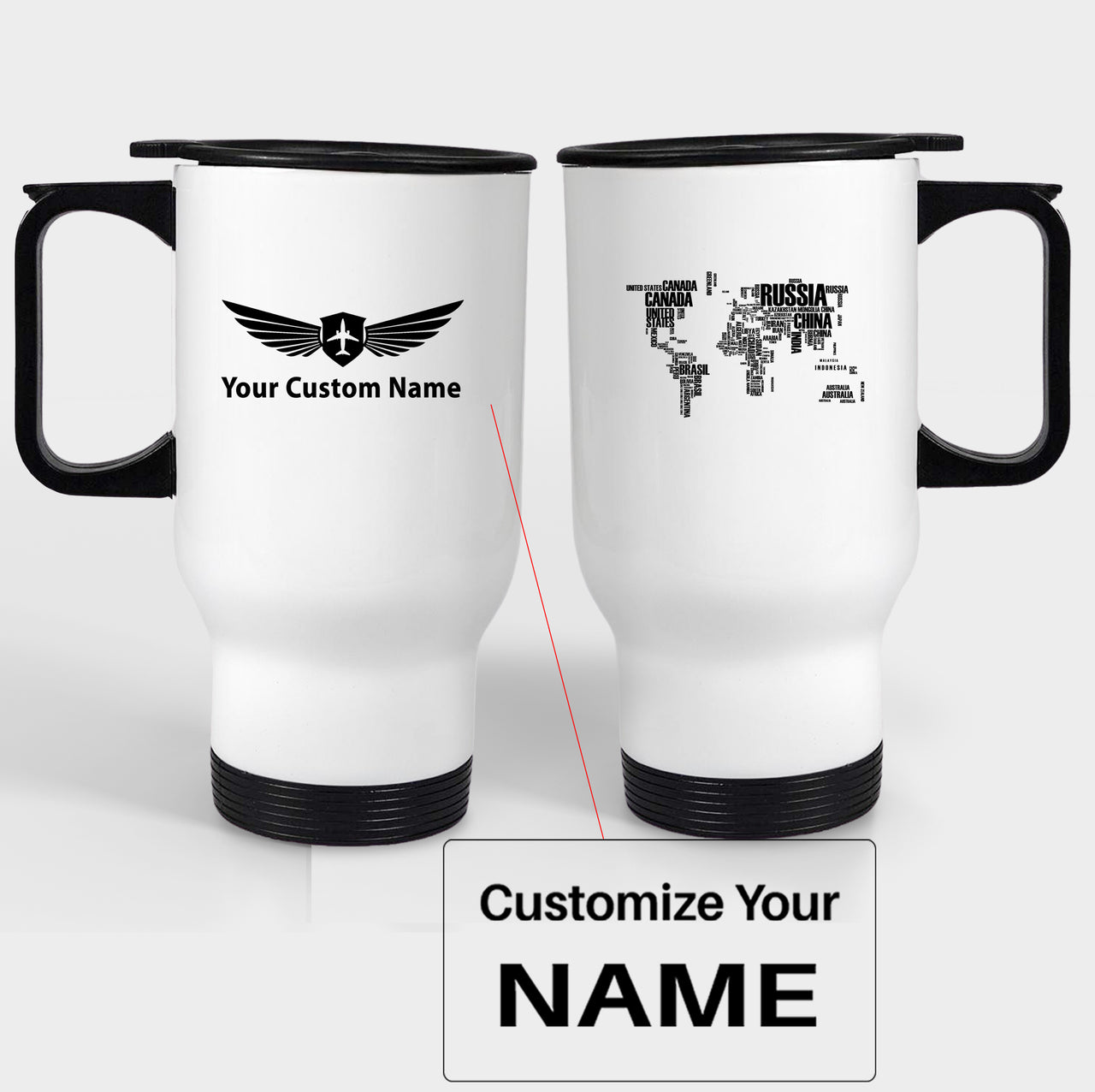 World Map (Text) Designed Travel Mugs (With Holder)