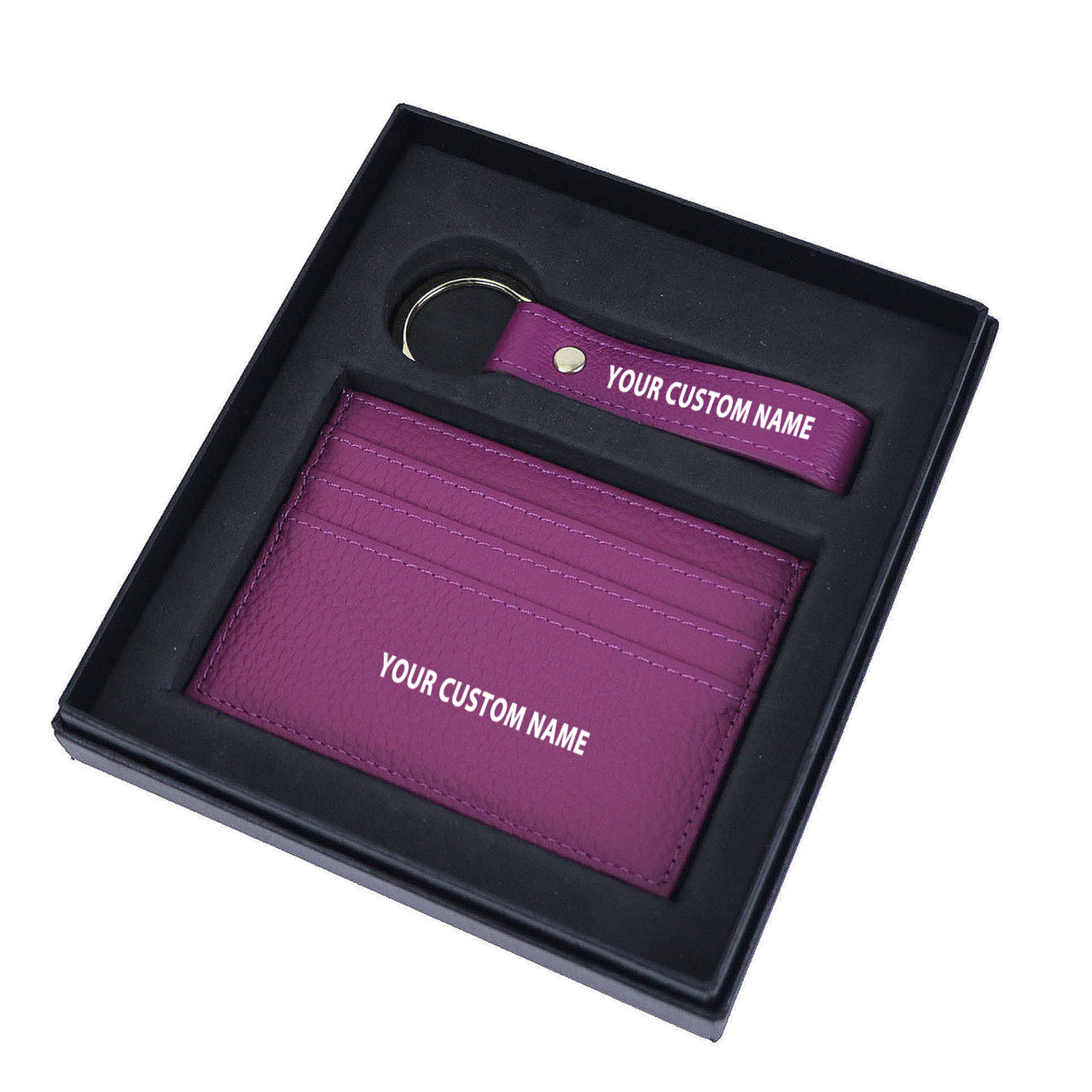 Your Custom Name Genuine Leather Cardholder Key Ring Gift Box Set