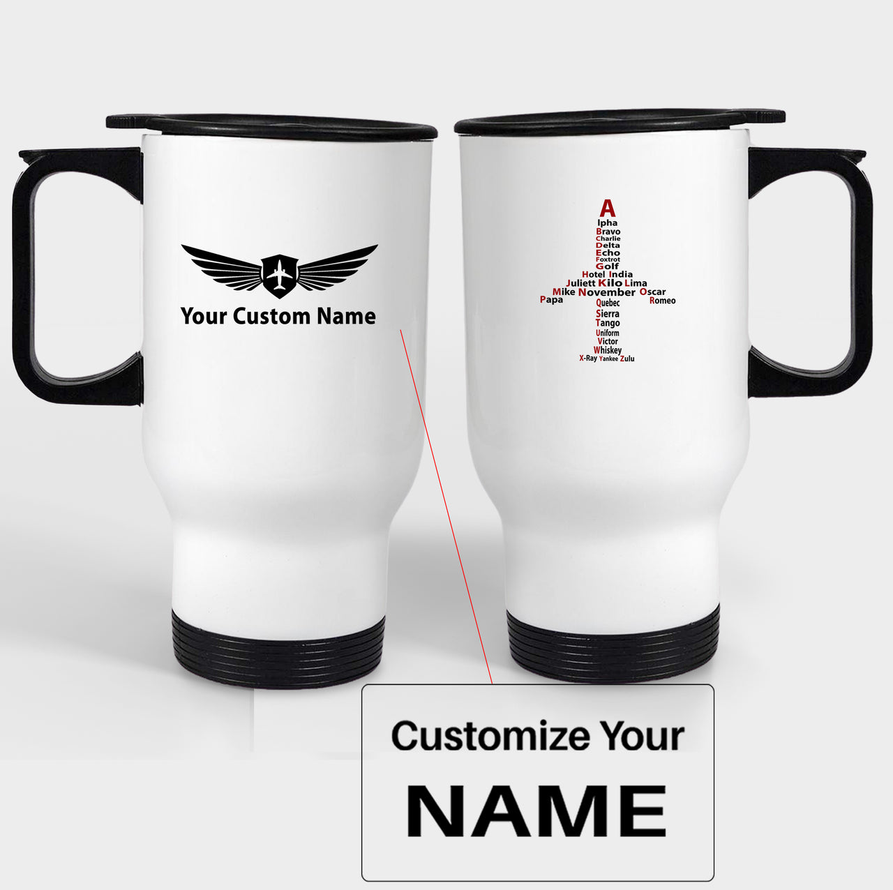 Airplane Shape Aviation Alphabet Designed Travel Mugs (With Holder)