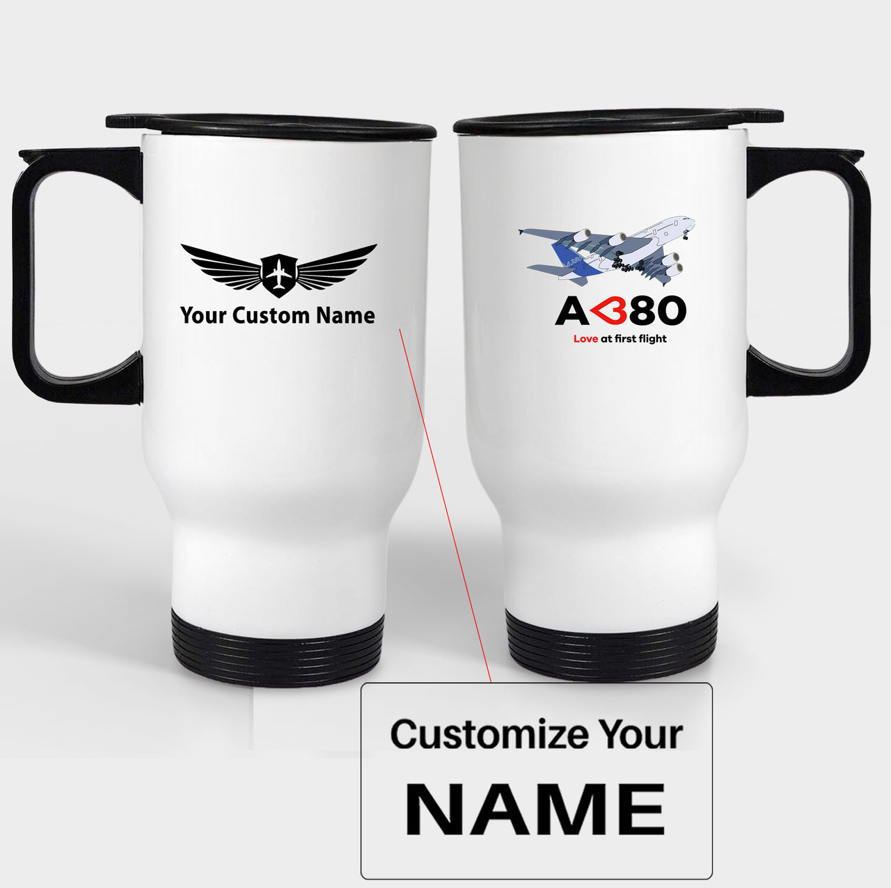 Airbus A380 Love at first flight Designed Travel Mugs (With Holder)
