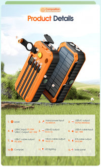 Thumbnail for 20000mAh Solar Power Bank: 4 Built-in Cables, Hand Crank, 6 Outputs/4 Inputs