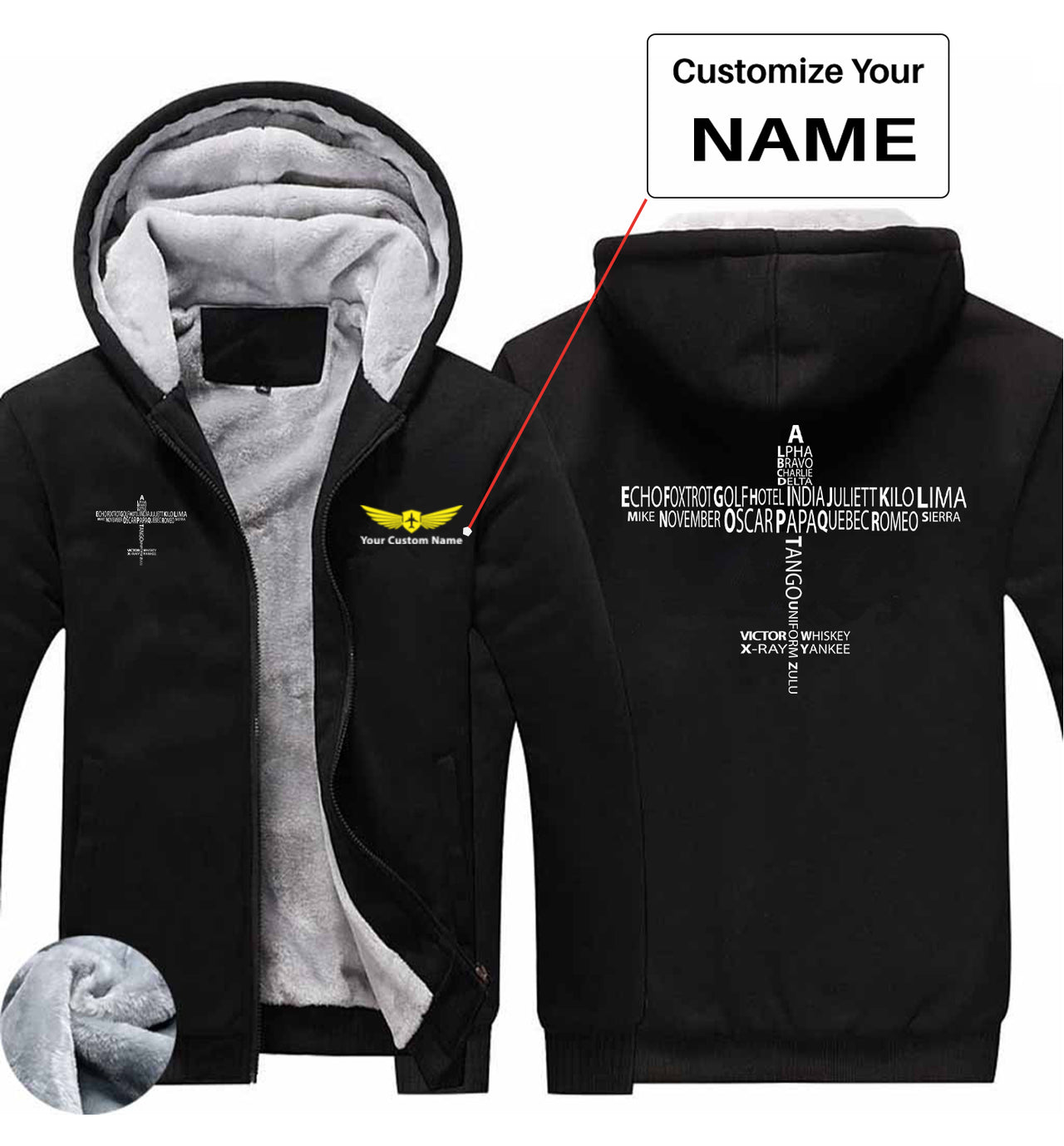 Propeller Shape Aviation Alphabet Designed Zipped Sweatshirts