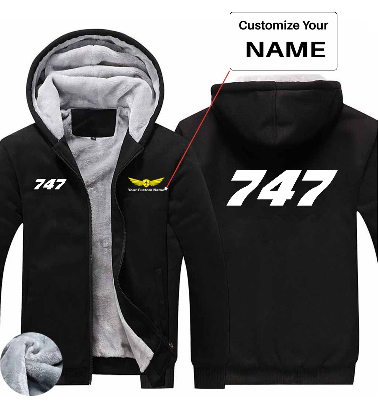 747 Flat Text Designed Zipped Sweatshirts
