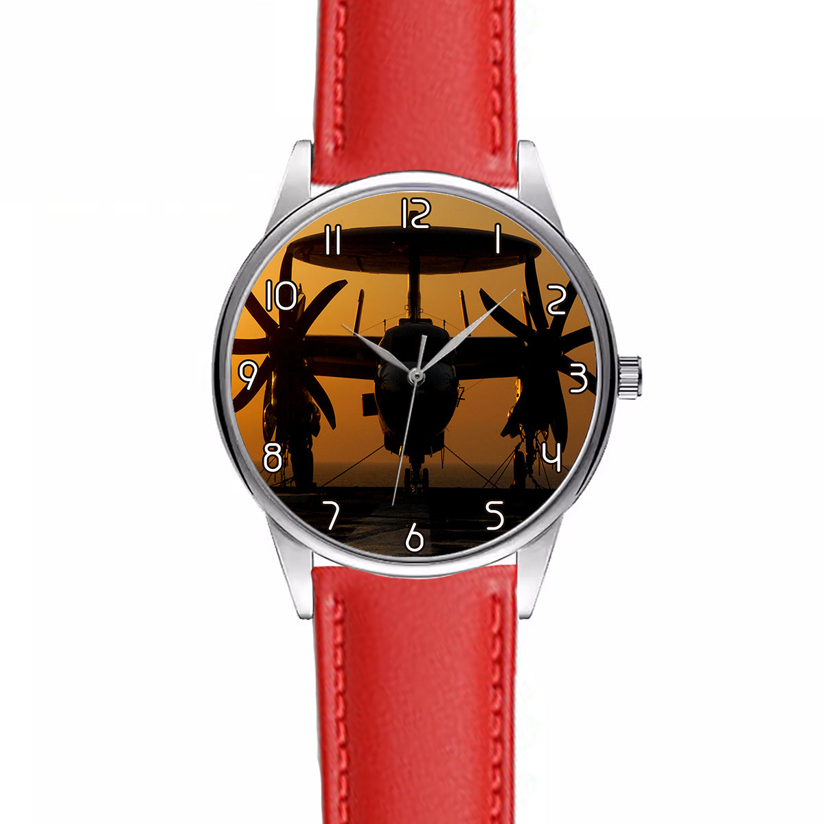 Military Plane at Sunset Designed Fashion Leather Strap Watches