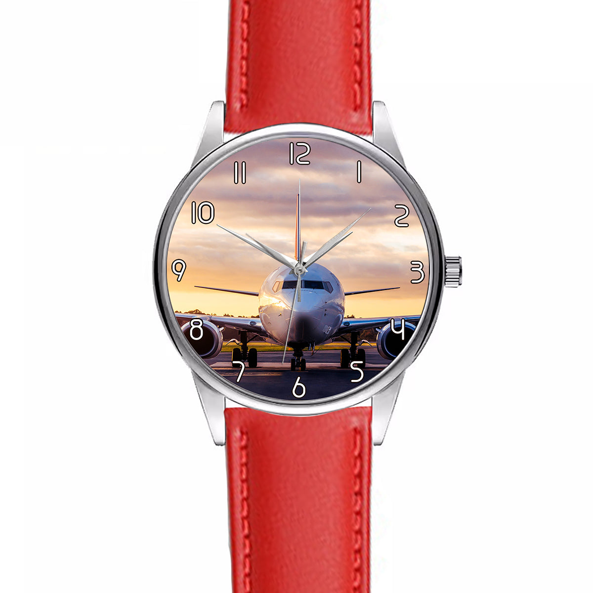 Face to Face with Boeing 737-800 During Sunset Designed Fashion Leather Strap Watches
