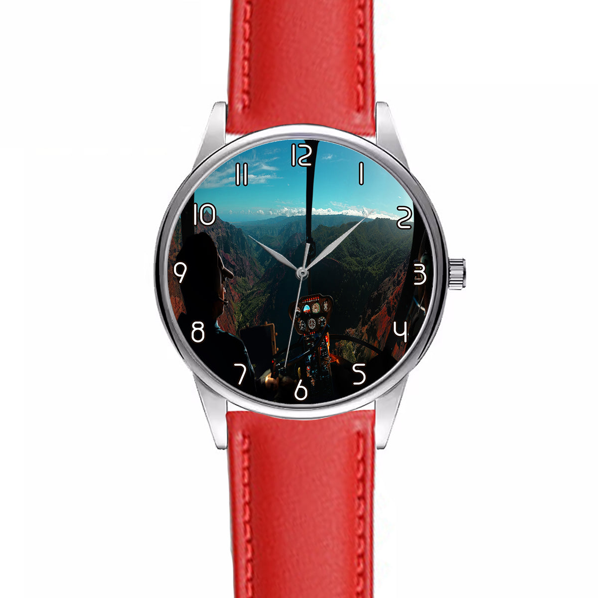 Beautiful Scenary Through Helicopter Cockpit Designed Fashion Leather Strap Watches