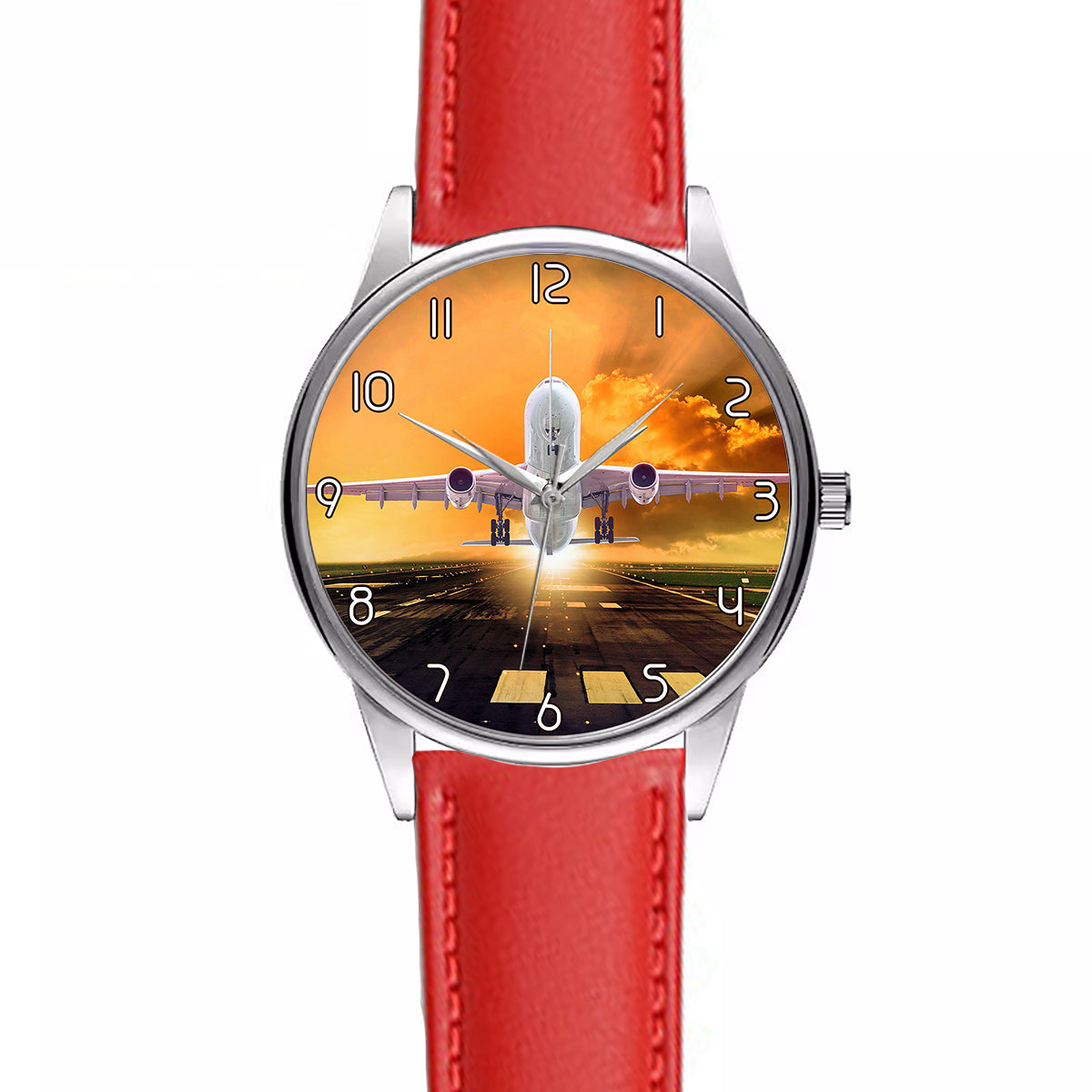 Amazing Departing Aircraft Sunset & Clouds Behind Designed Fashion Leather Strap Watches
