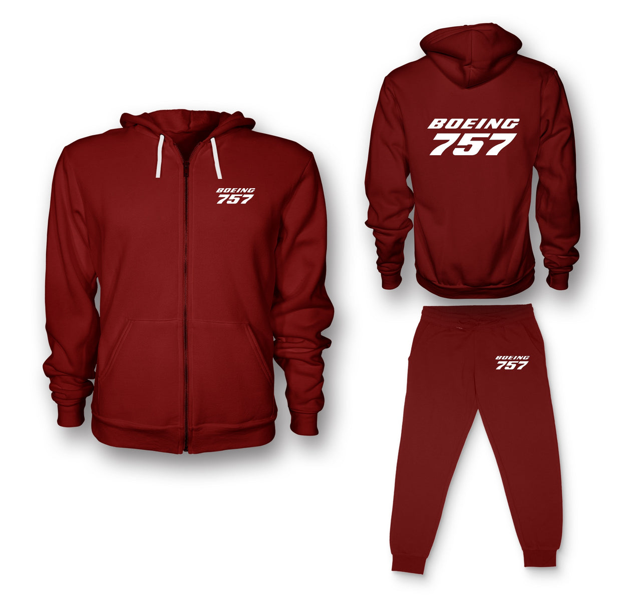Boeing 757 & Text Designed Zipped Hoodies & Sweatpants Set