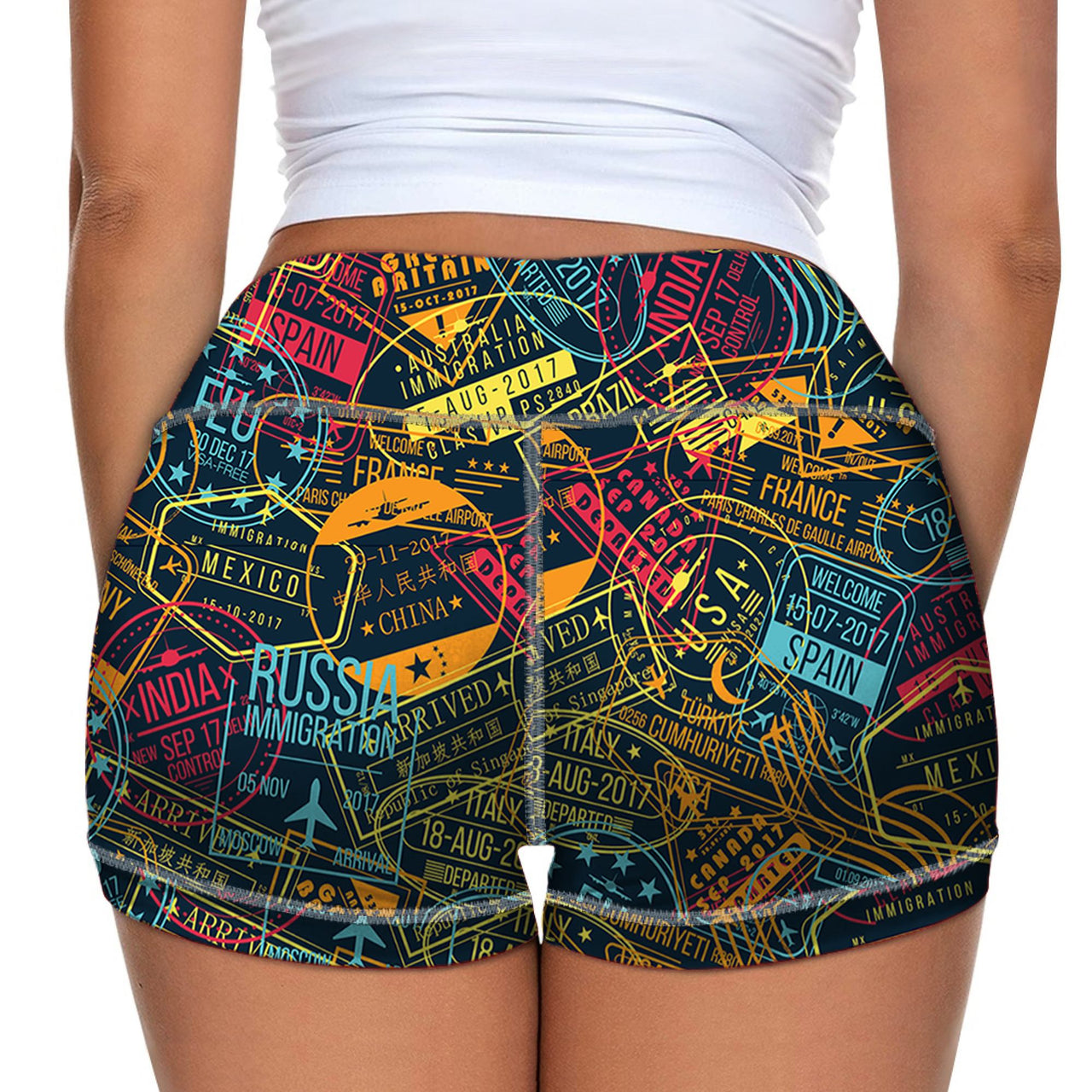 Dark Coloured Passport Stamps Designed Women Yoga Shorts Pants
