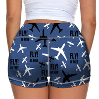 Thumbnail for Fly Be Free Blue Designed Women Yoga Shorts Pants
