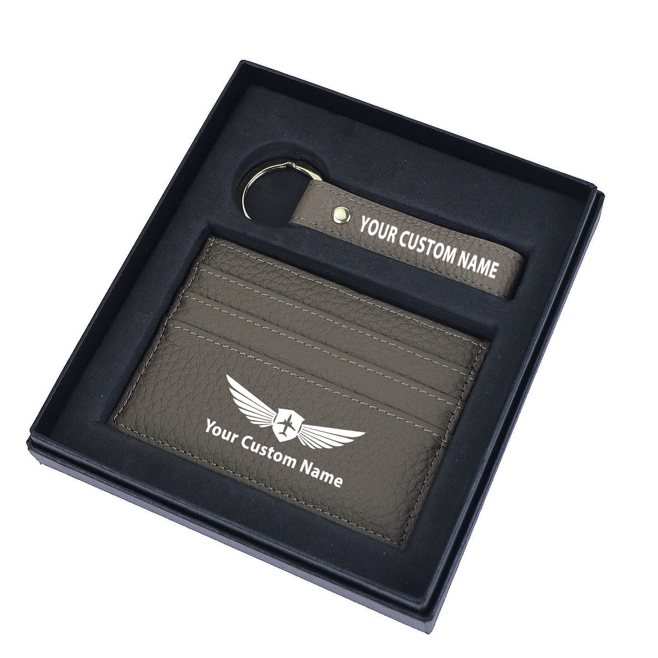 Your Custom Name/Text Genuine Leather Cardholder Key Ring Gift Box Set