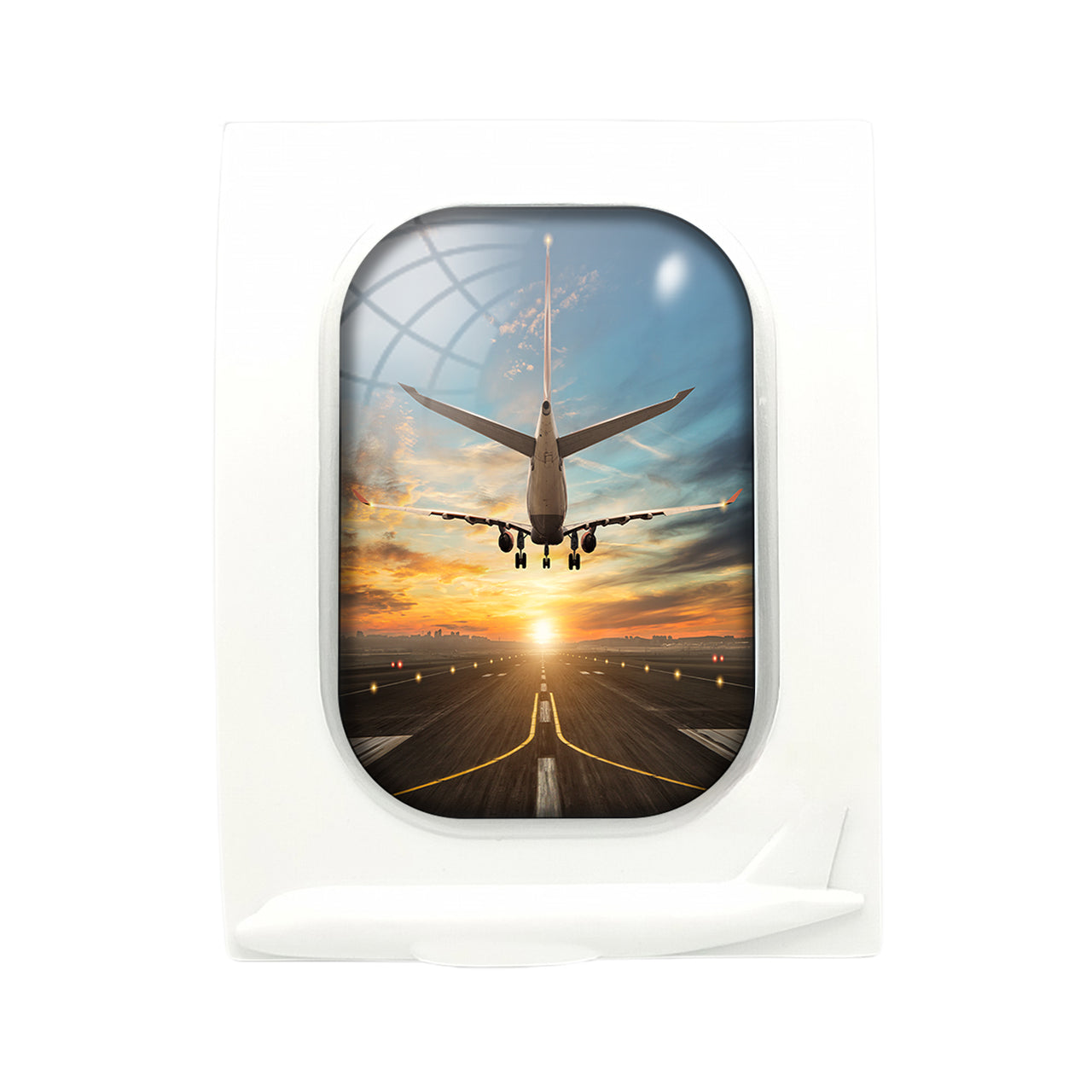 Airplane over Runway Towards the Sunrise Designed Airplane Window Photo Frame