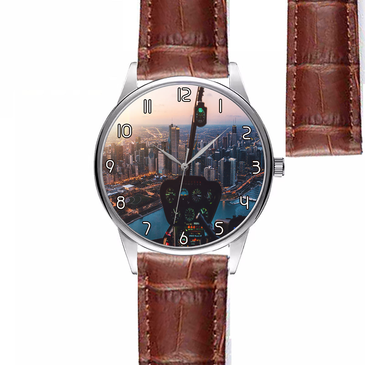 Amazing City View from Helicopter Cockpit Designed Fashion Leather Strap Watches