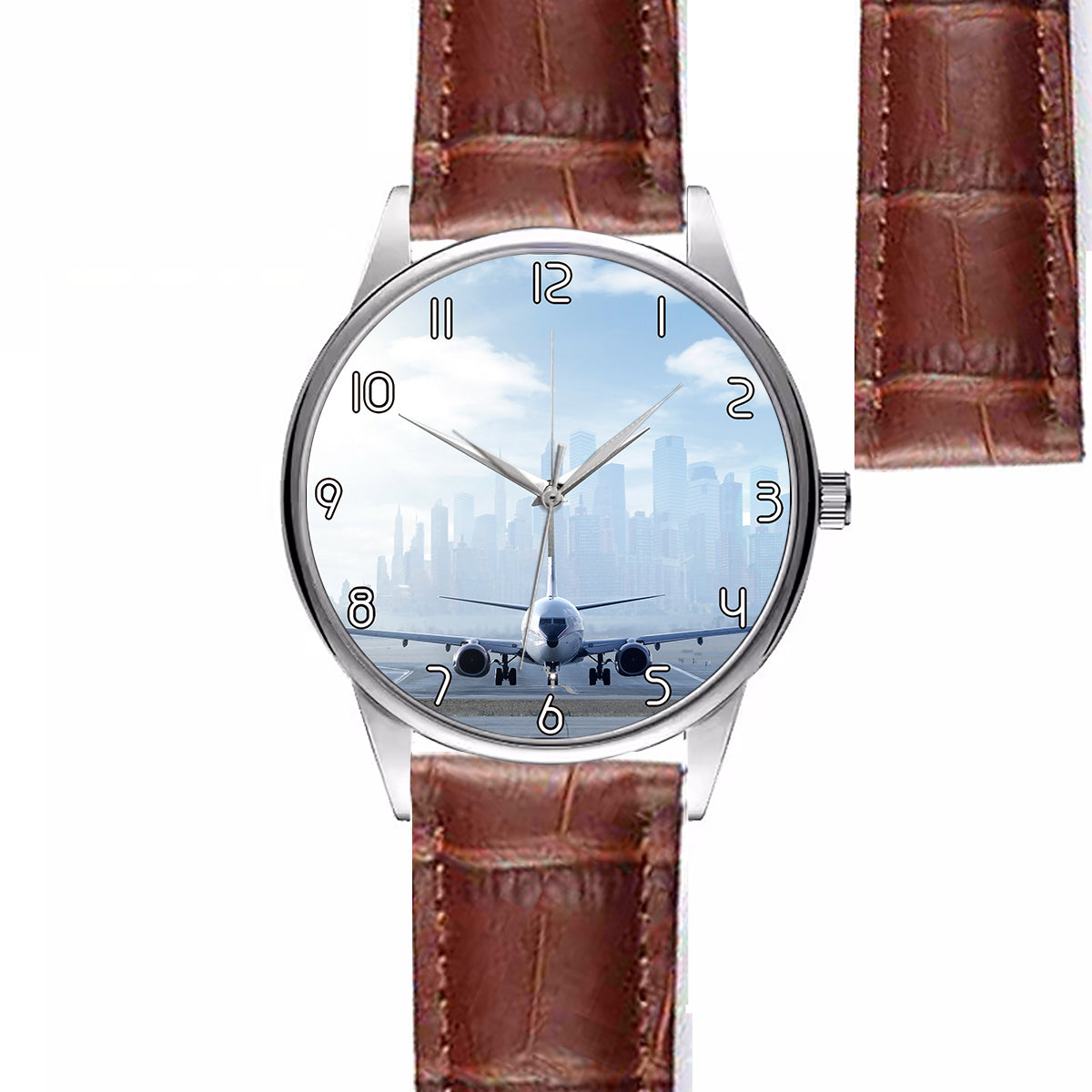 Boeing 737 & City View Behind Designed Fashion Leather Strap Watches
