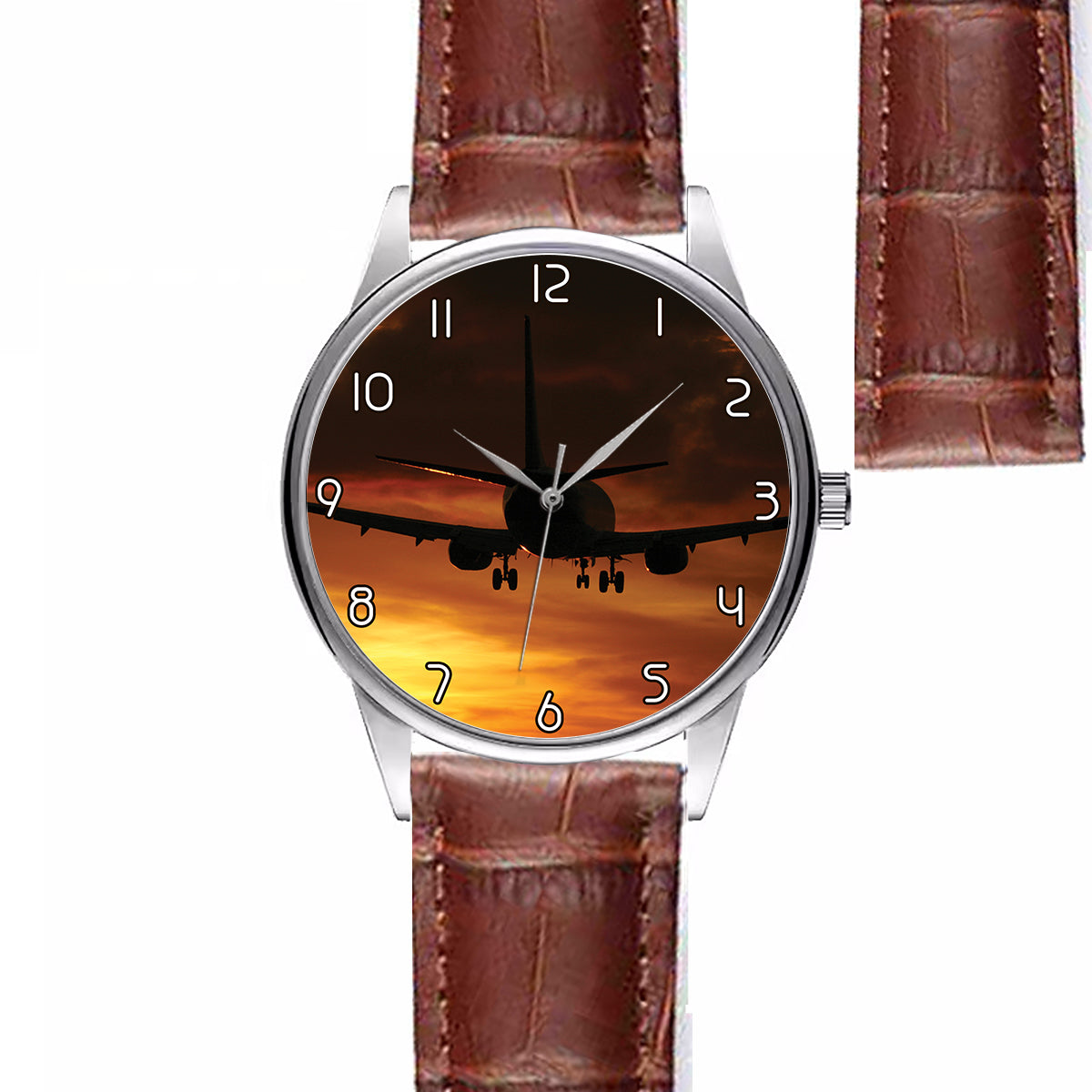 Beautiful Aircraft Landing at Sunset Designed Fashion Leather Strap Watches