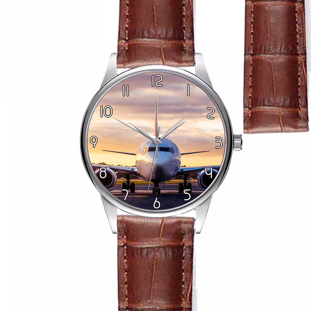 Face to Face with Boeing 737-800 During Sunset Designed Fashion Leather Strap Watches