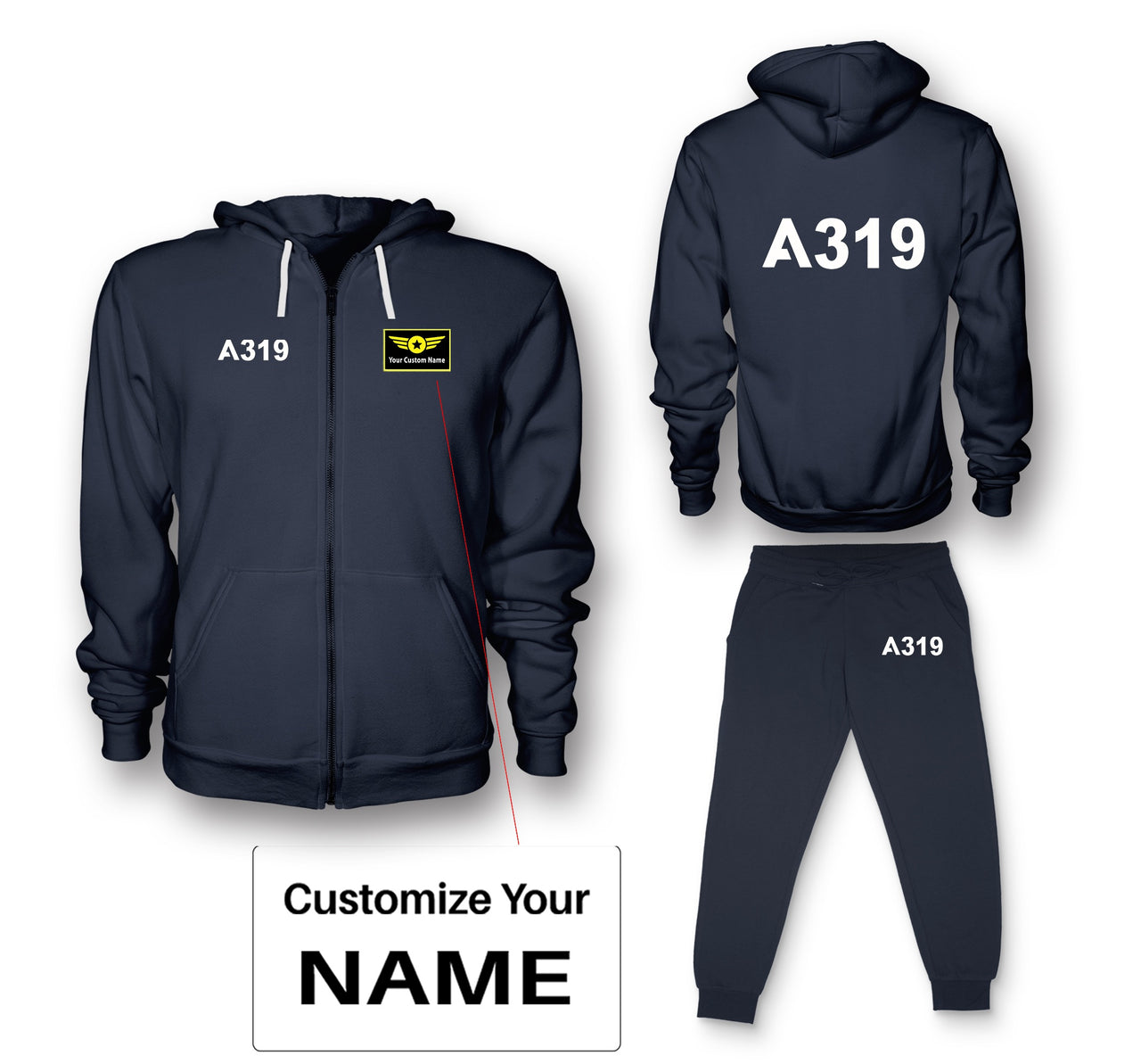 A319 Flat Text Designed Zipped Hoodies & Sweatpants Set