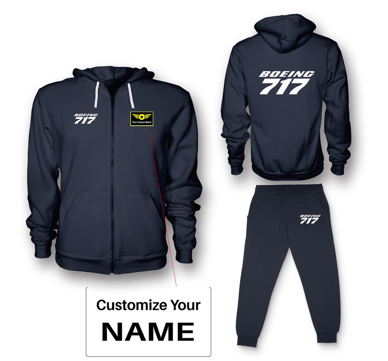 Boeing 717 & Text Designed Zipped Hoodies & Sweatpants Set