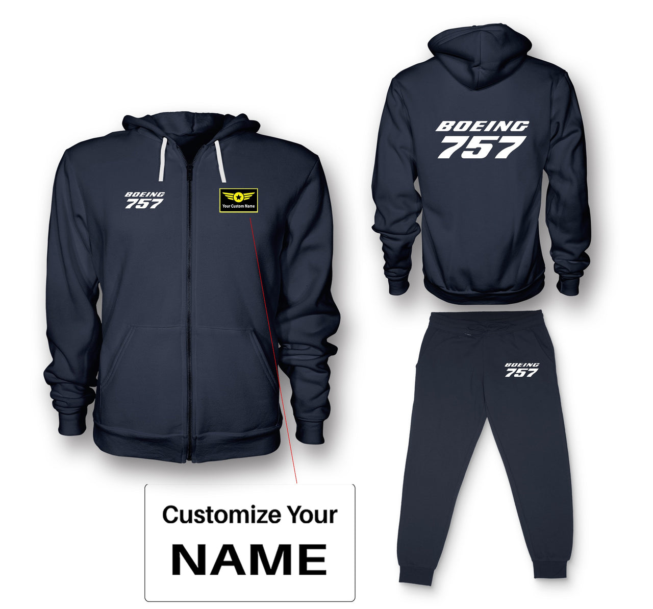 Boeing 757 & Text Designed Zipped Hoodies & Sweatpants Set