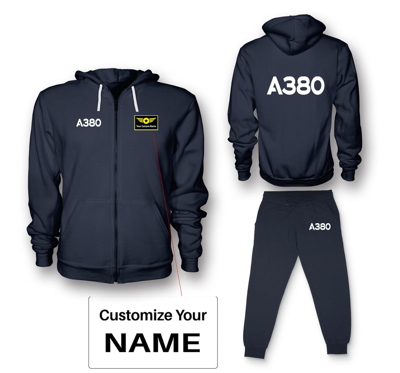 A380 Flat Text Designed Zipped Hoodies & Sweatpants Set