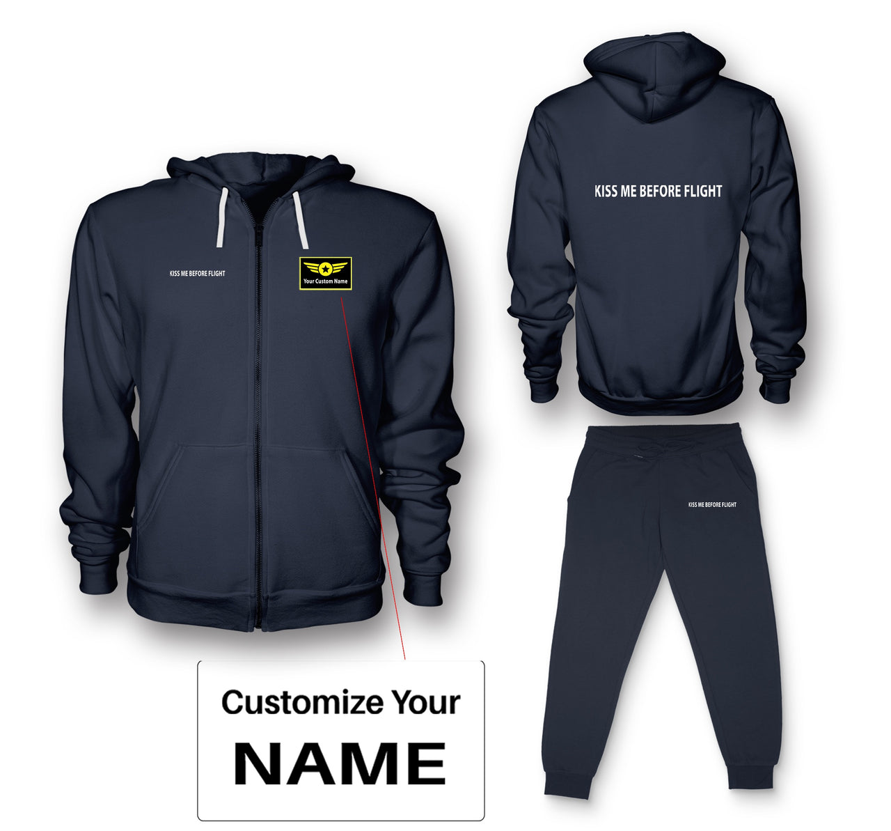 KISS ME BEFORE FLIGHT Designed Zipped Hoodies & Sweatpants Set