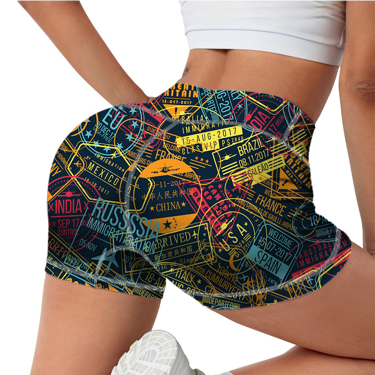 Dark Coloured Passport Stamps Designed Women Yoga Shorts Pants