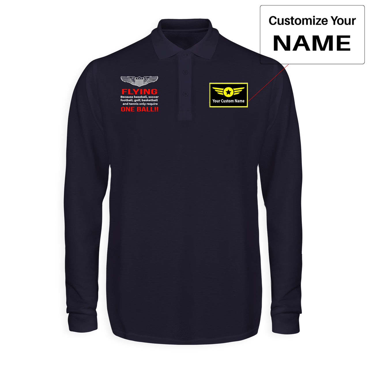 Flying One Ball Designed Long Sleeve Polo T-Shirts