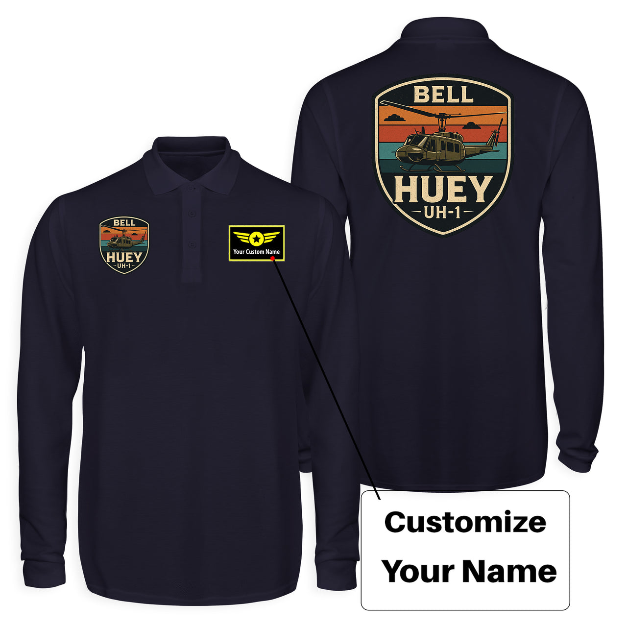 Retro BELL HUEY UH-1 Designed Long Sleeve Polo T-Shirts (Double-Side)
