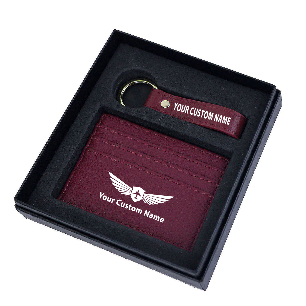 Your Custom Name/Text Genuine Leather Cardholder Key Ring Gift Box Set